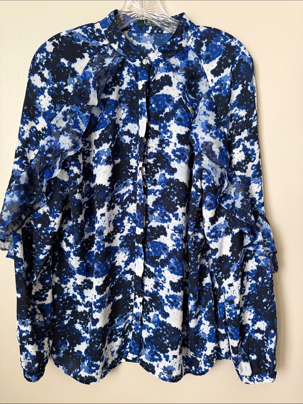 Lauren Ralph Lauren Blue Black White Abstract Ruffle Blouse